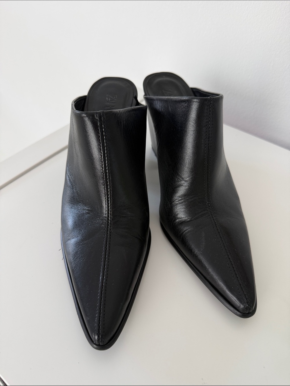 Zara Black Pointed Toe Leather Mule Heels
